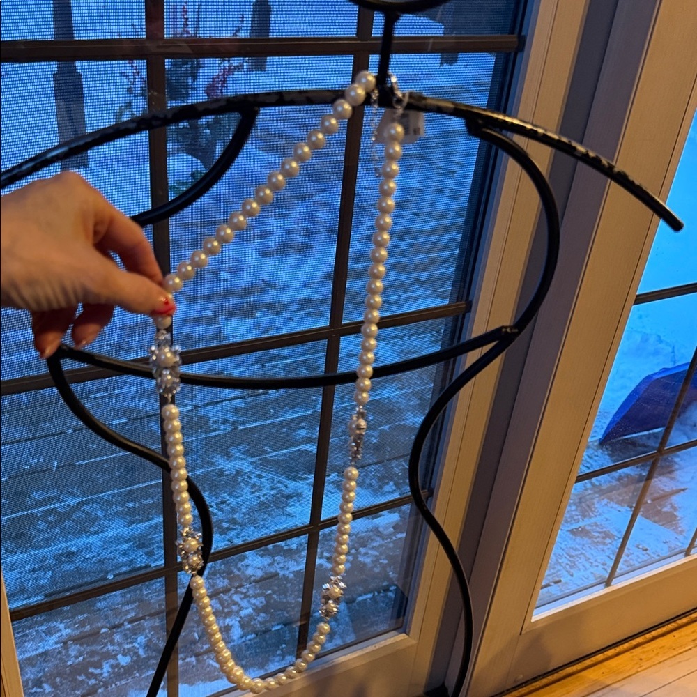 Charter Club Womens Faux Pearl Crystal Station Long Necklace Silver Tone NWT